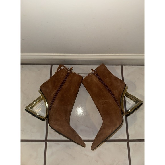 NWOB Gianni Bini heeled boots 6 brown suede gold architectural heel pointy - Picture 4 of 8